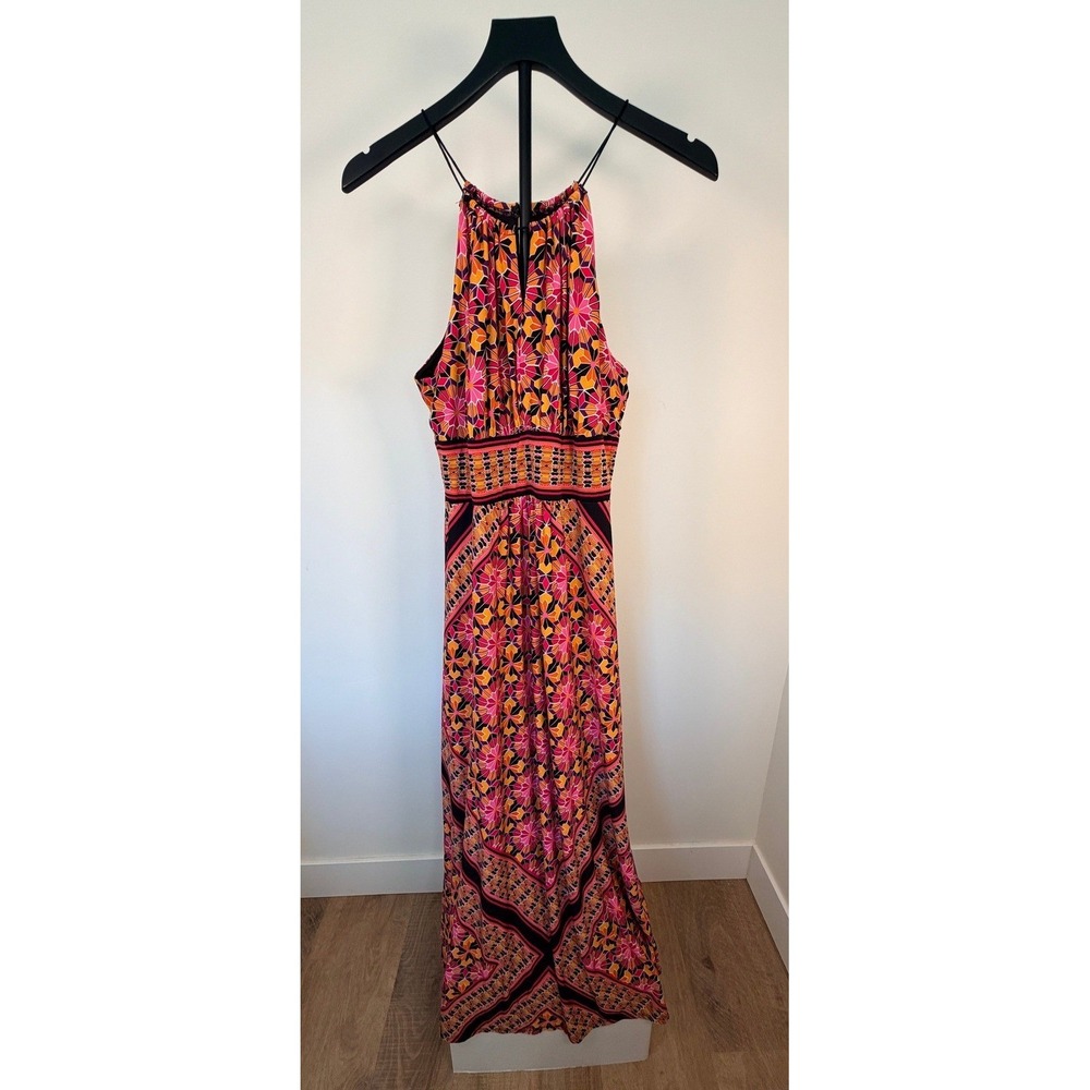 Roz & Ali Women Pink Orange Geometric Floral Halter Neck Maxi Bohemian Dress